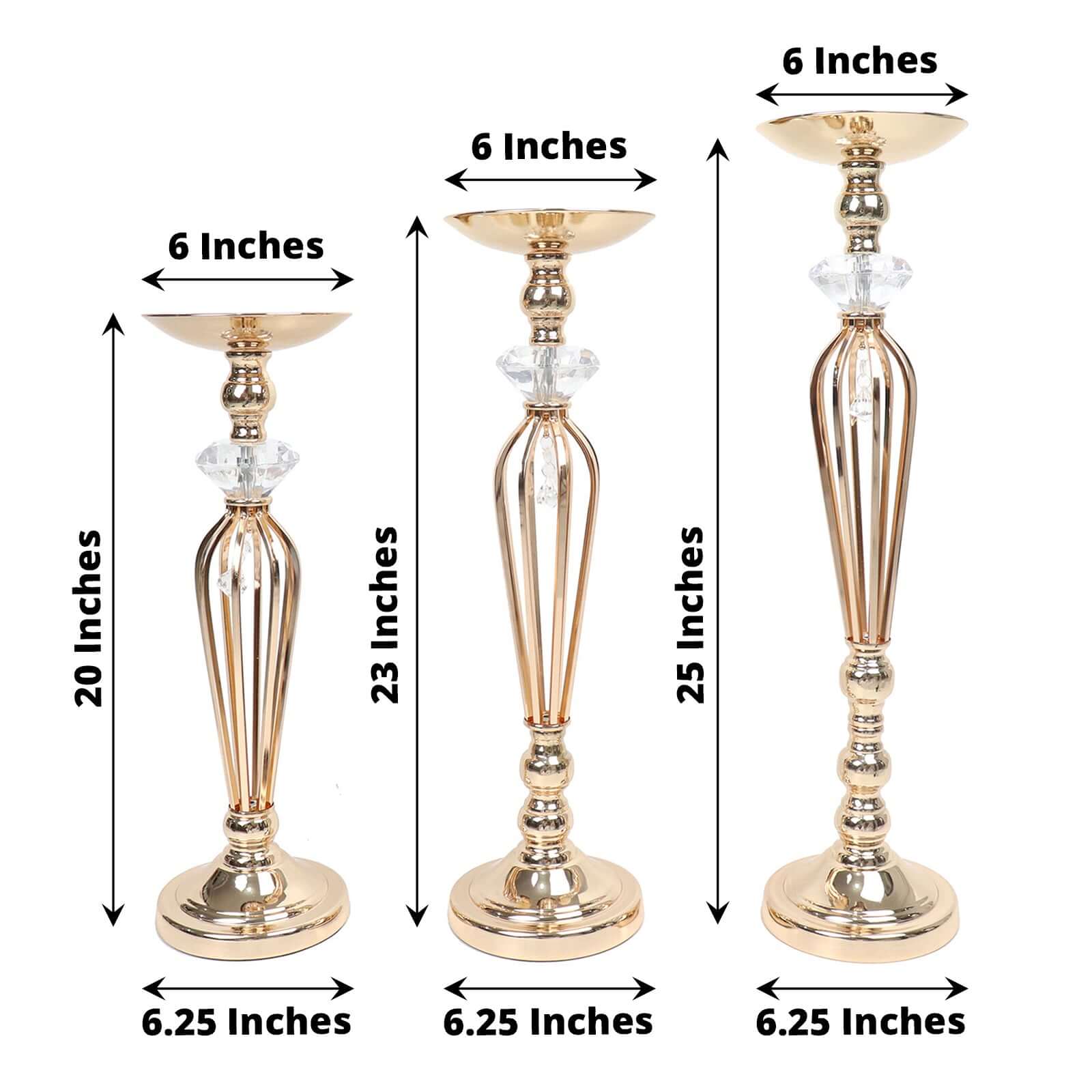 Set of 3 Metal Pedestal Stands with Crystal Ball Flower Bowl Design Gold - Pillar Candle Holders 20", 23", 25" - Bell Racket Store