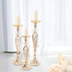 Set of 3 Metal Pedestal Stands with Crystal Ball Flower Bowl Design Gold - Pillar Candle Holders 20", 23", 25" - Bell Racket Store