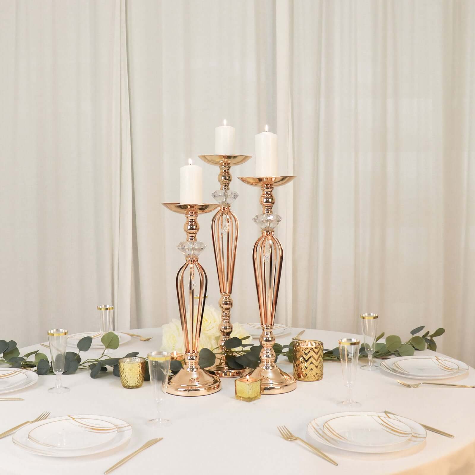 Set of 3 Metal Pedestal Stands with Crystal Ball Flower Bowl Design Gold - Pillar Candle Holders 20", 23", 25" - Bell Racket Store