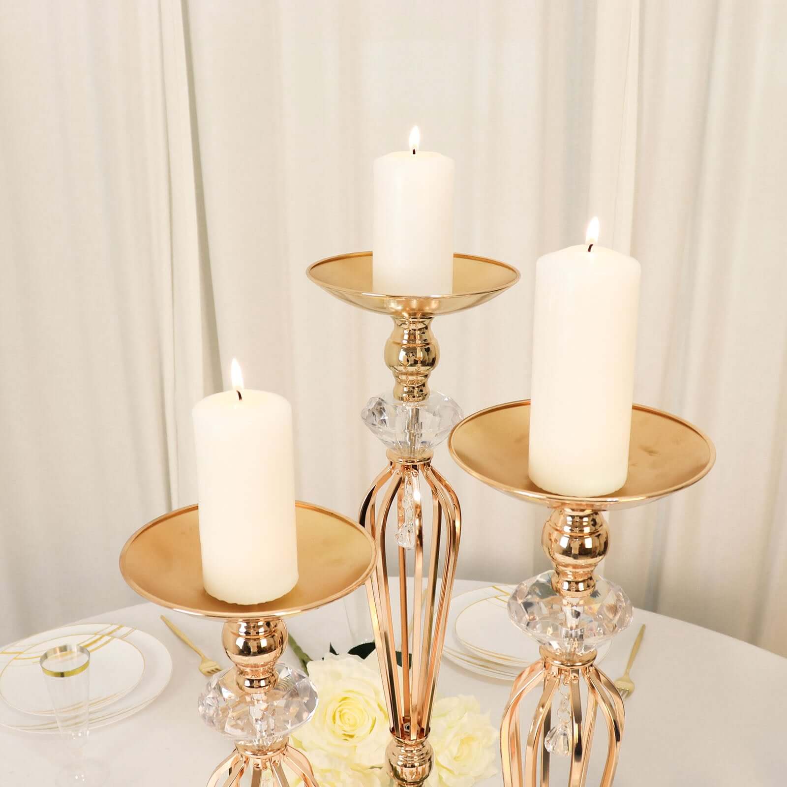 Set of 3 Metal Pedestal Stands with Crystal Ball Flower Bowl Design Gold - Pillar Candle Holders 20", 23", 25" - Bell Racket Store