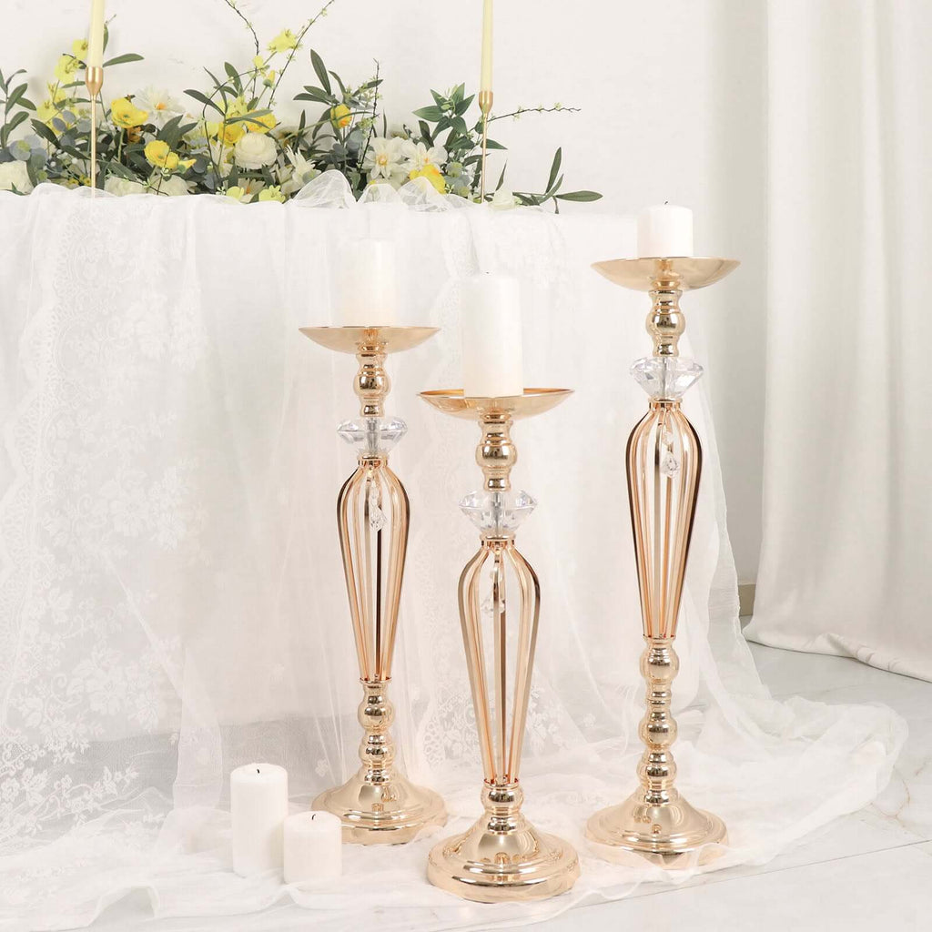 Set of 3 Metal Pedestal Stands with Crystal Ball Flower Bowl Design Gold - Pillar Candle Holders 20", 23", 25" - Bell Racket Store