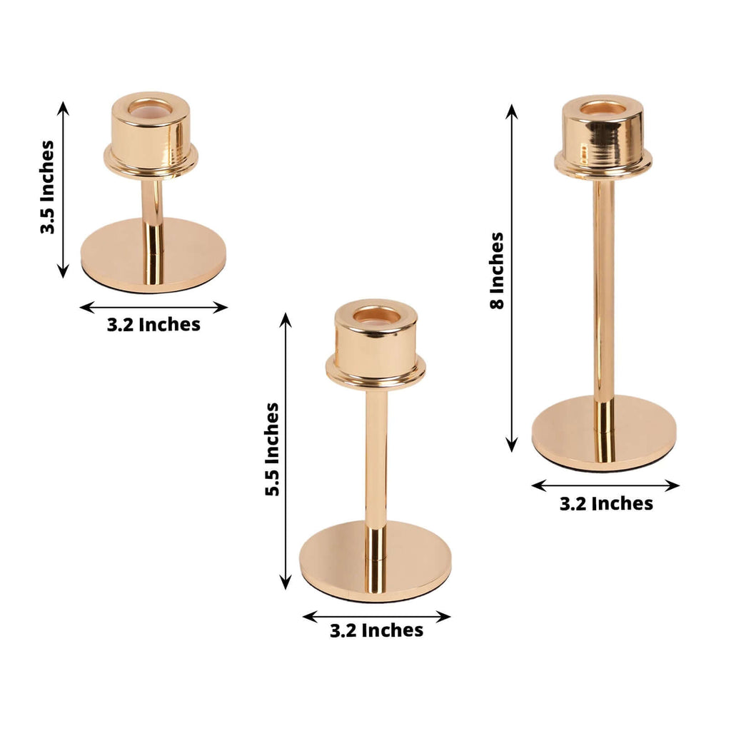 Set of 3 Metal Taper Candlestick Holders Gold with Round Base - Hurricane Candle Stands 3.5", 5.5", 8" - Bell Racket Store