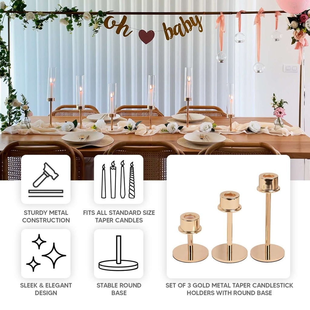 Set of 3 Metal Taper Candlestick Holders Gold with Round Base - Hurricane Candle Stands 3.5", 5.5", 8" - Bell Racket Store