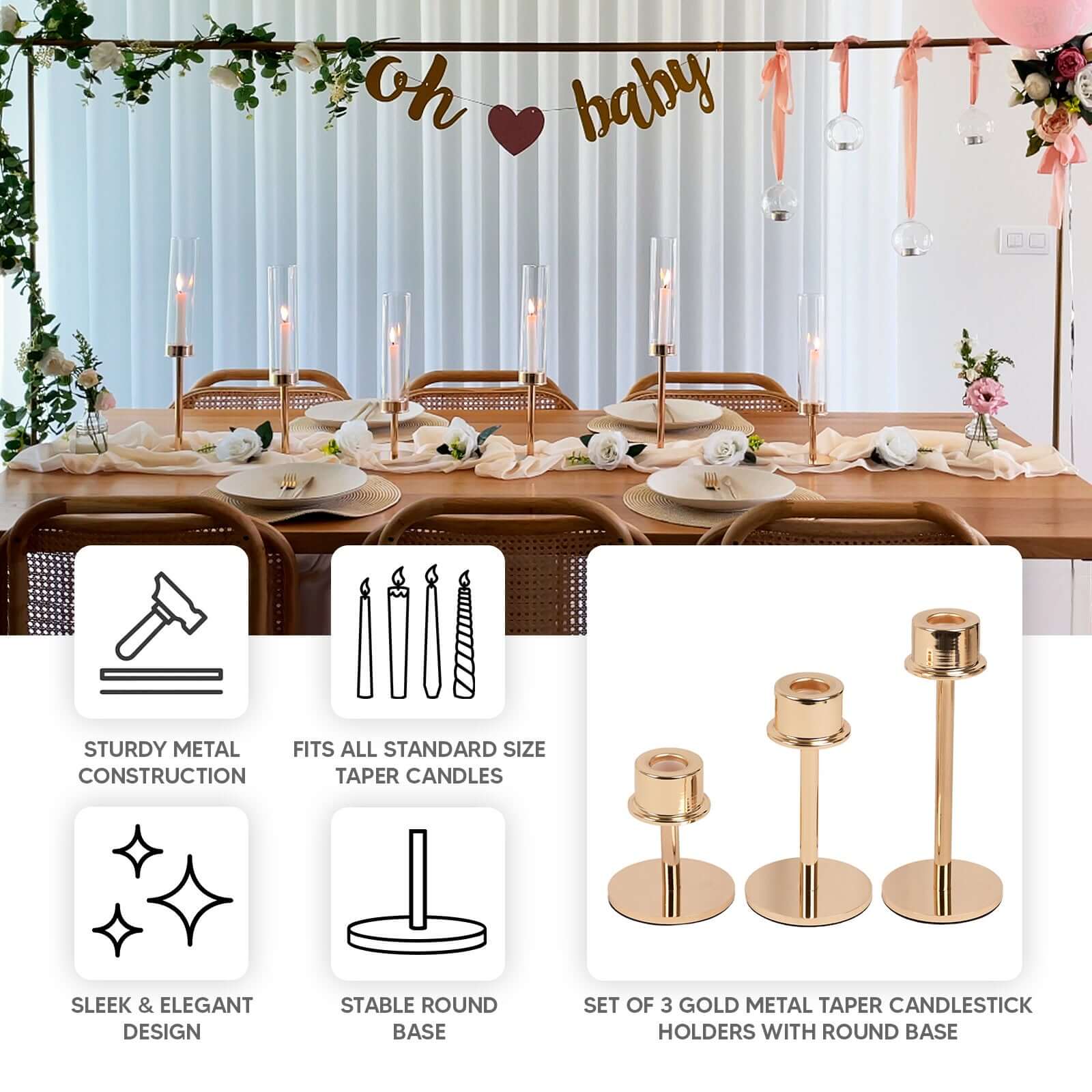 Set of 3 Metal Taper Candlestick Holders Gold with Round Base - Hurricane Candle Stands 3.5", 5.5", 8" - Bell Racket Store