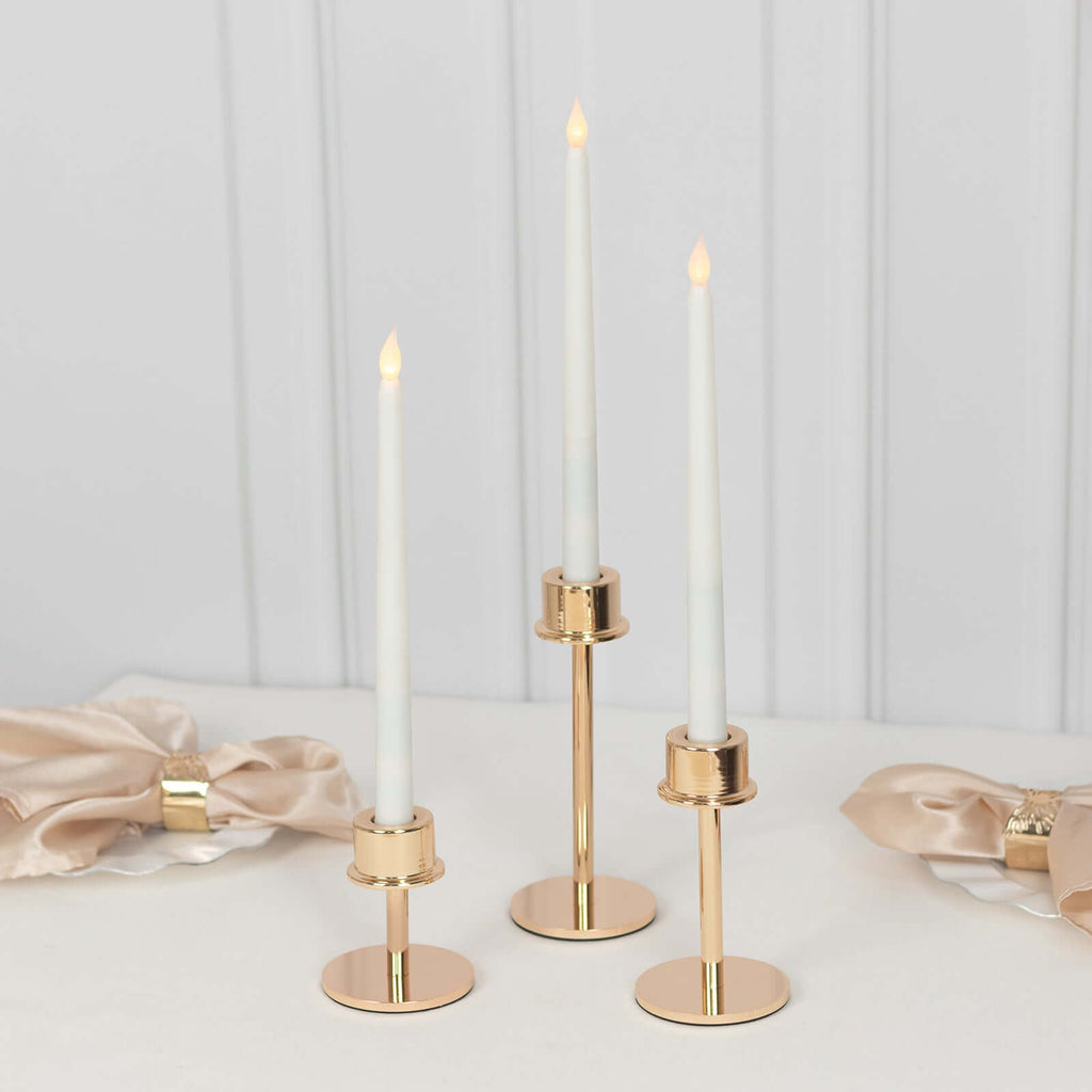 Set of 3 Metal Taper Candlestick Holders Gold with Round Base - Hurricane Candle Stands 3.5", 5.5", 8" - Bell Racket Store