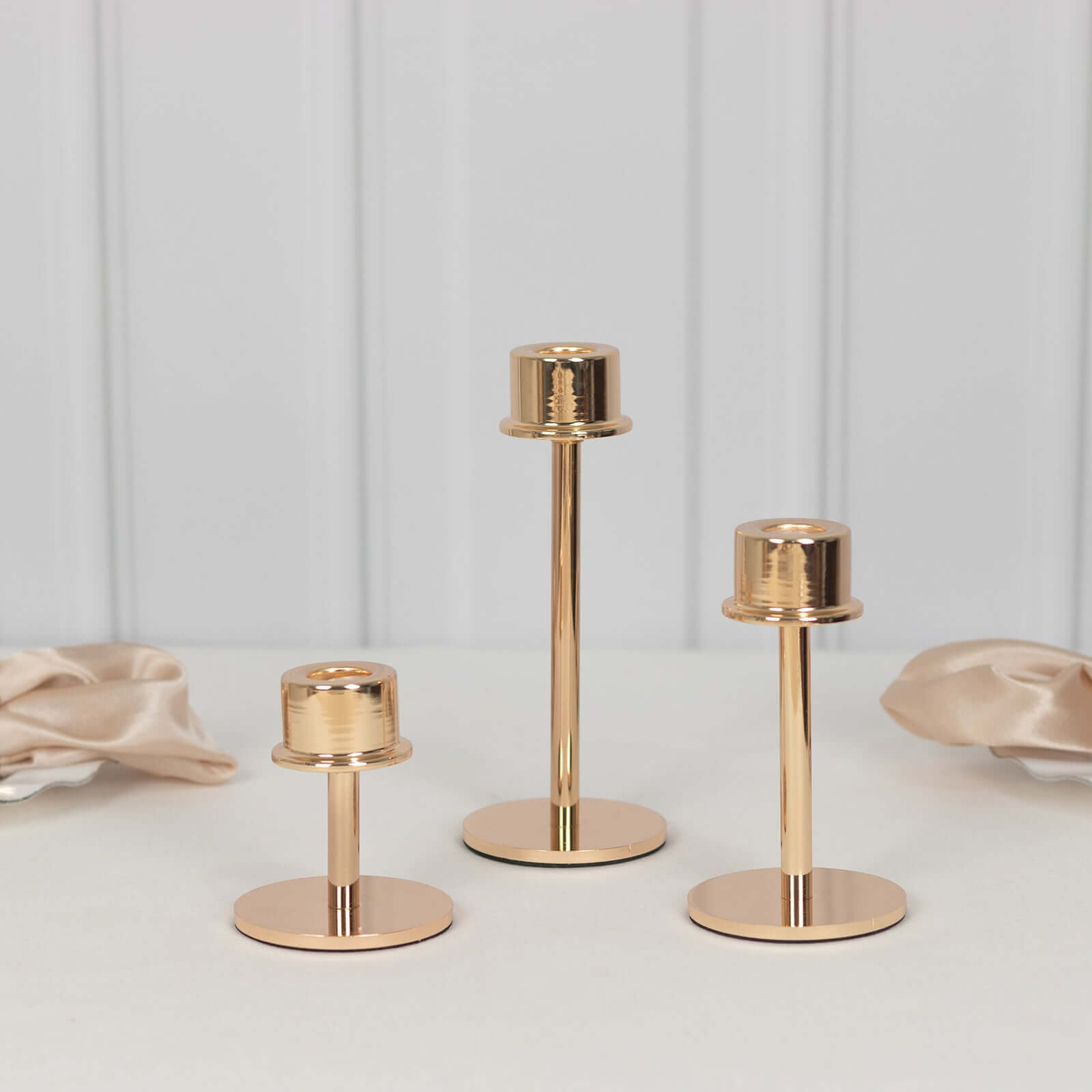Set of 3 Metal Taper Candlestick Holders Gold with Round Base - Hurricane Candle Stands 3.5", 5.5", 8" - Bell Racket Store