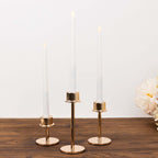 Set of 3 Metal Taper Candlestick Holders Gold with Round Base - Hurricane Candle Stands 3.5", 5.5", 8" - Bell Racket Store