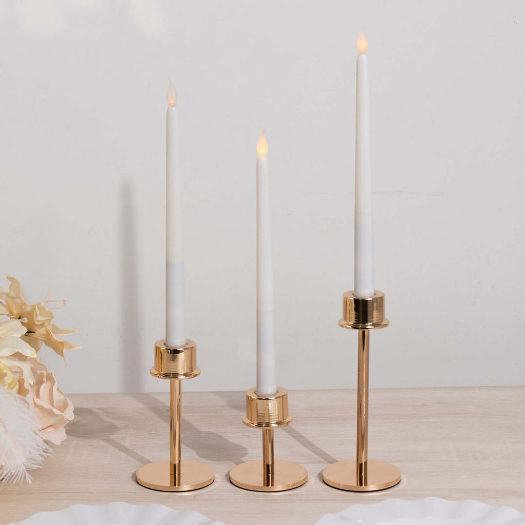 Set of 3 Metal Taper Candlestick Holders Gold with Round Base - Hurricane Candle Stands 3.5", 5.5", 8" - Bell Racket Store