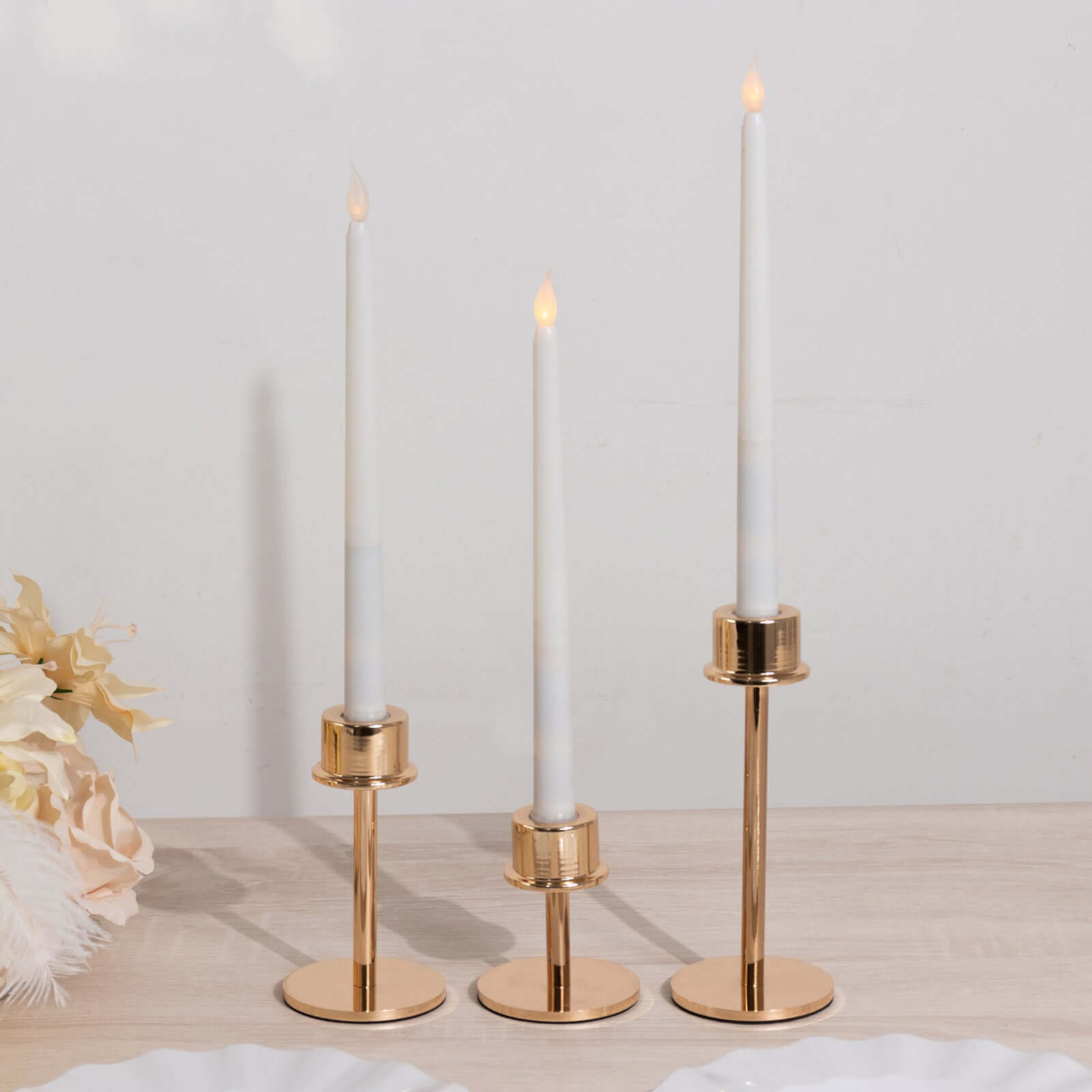 Set of 3 Metal Taper Candlestick Holders Gold with Round Base - Hurricane Candle Stands 3.5", 5.5", 8" - Bell Racket Store
