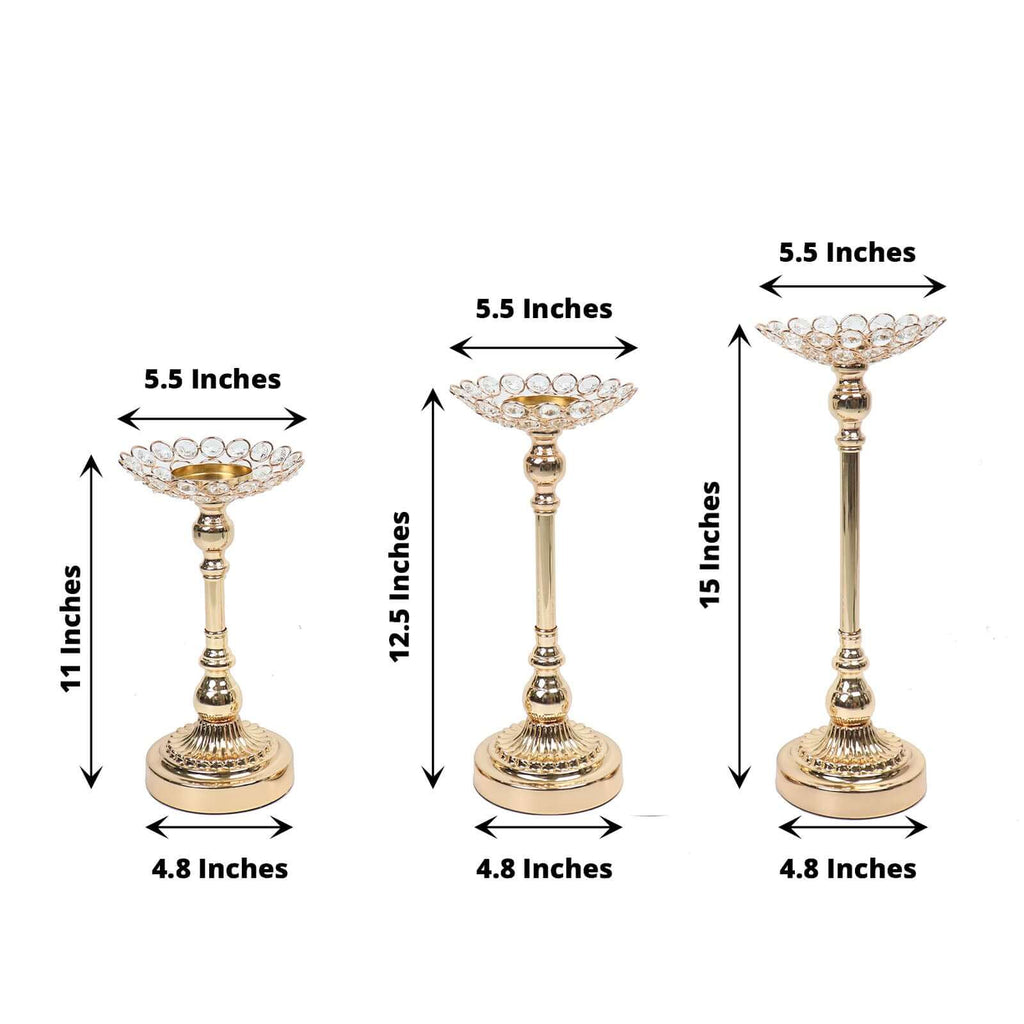 Set of 3 Metal Votive Candle Holders Crystal Beaded Design Gold - Tea Light Centerpieces 11", 13", 15" - Bell Racket Store