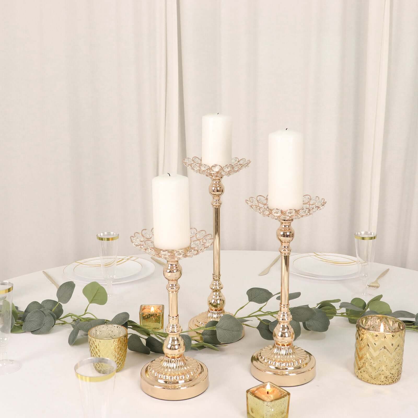 Set of 3 Metal Votive Candle Holders Crystal Beaded Design Gold - Tea Light Centerpieces 11", 13", 15" - Bell Racket Store