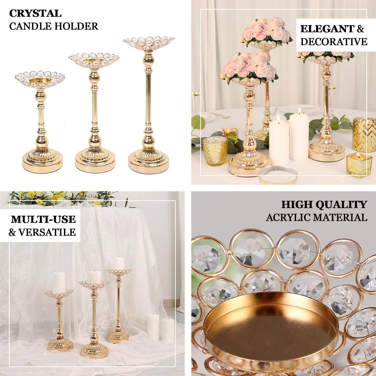 Set of 3 Metal Votive Candle Holders Crystal Beaded Design Gold - Tea Light Centerpieces 11", 13", 15" - Bell Racket Store