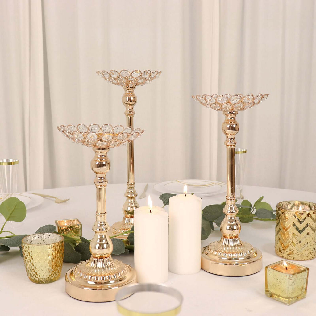 Set of 3 Metal Votive Candle Holders Crystal Beaded Design Gold - Tea Light Centerpieces 11", 13", 15" - Bell Racket Store