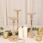 Set of 3 Metal Votive Candle Holders Crystal Beaded Design Gold - Tea Light Centerpieces 11", 13", 15" - Bell Racket Store