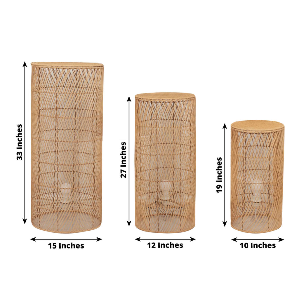 Set of 3 Natural Woven Rattan Wicker Pedestal with Wave Pattern - 19",27",33" - Bell Racket Store