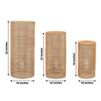 Set of 3 Natural Woven Rattan Wicker Pedestal with Wave Pattern - 19",27",33" - Bell Racket Store