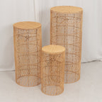 Set of 3 Natural Woven Rattan Wicker Pedestal with Wave Pattern - 19",27",33" - Bell Racket Store