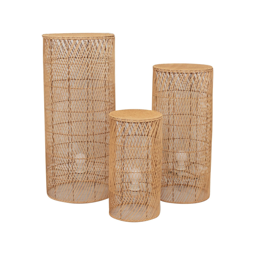 Set of 3 Natural Woven Rattan Wicker Pedestal with Wave Pattern - 19",27",33" - Bell Racket Store