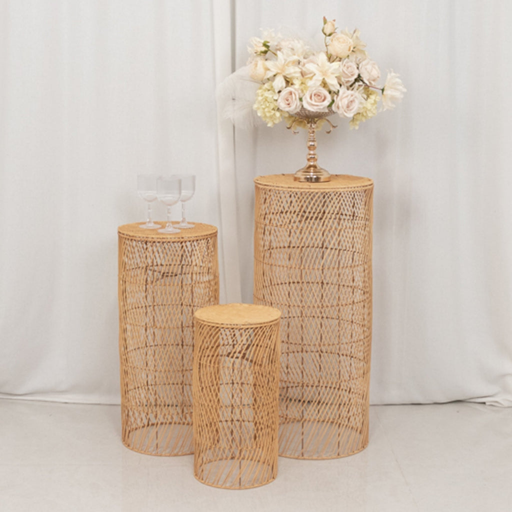 Set of 3 Natural Woven Rattan Wicker Pedestal with Wave Pattern - 19",27",33" - Bell Racket Store