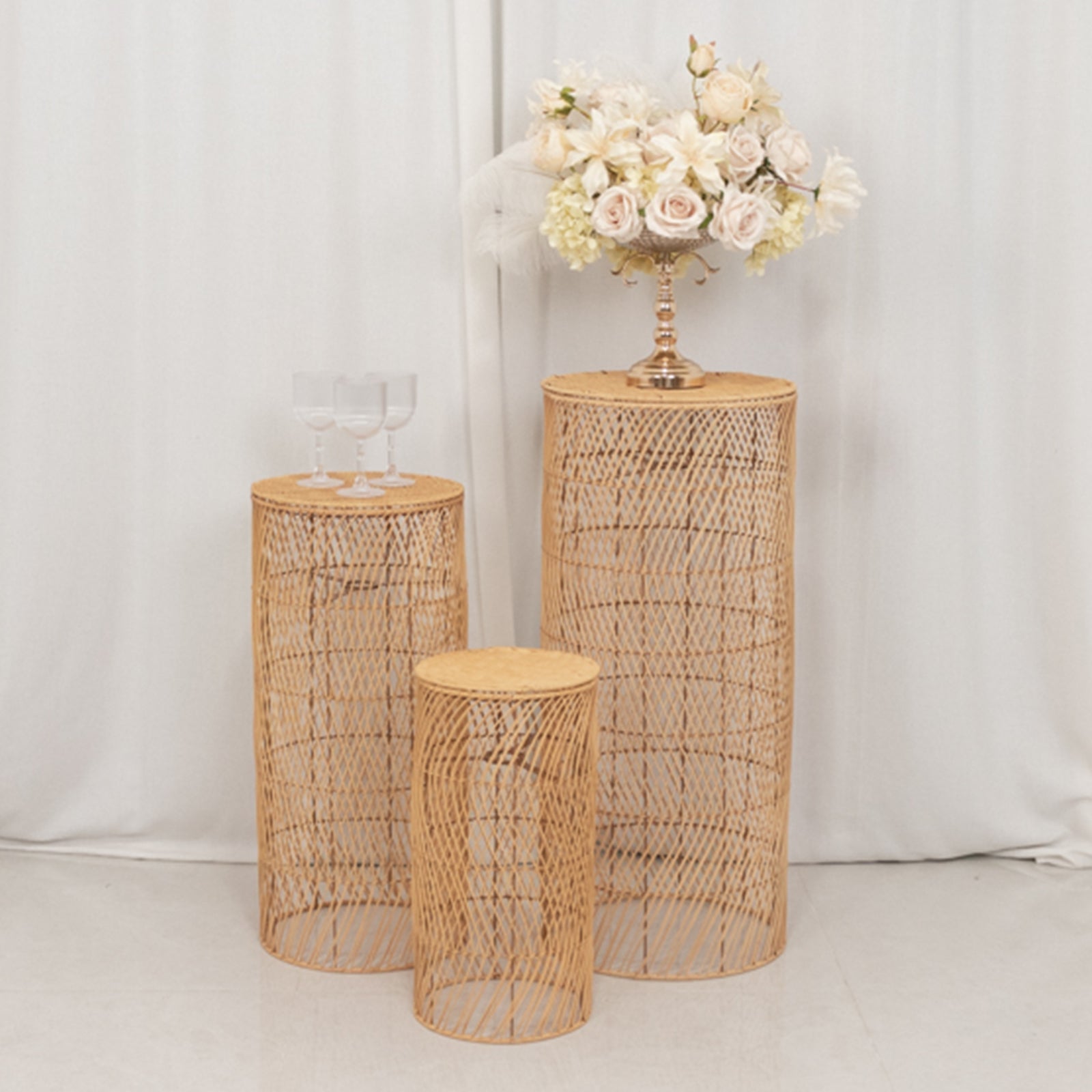 Set of 3 Natural Woven Rattan Wicker Pedestal with Wave Pattern - 19",27",33" - Bell Racket Store