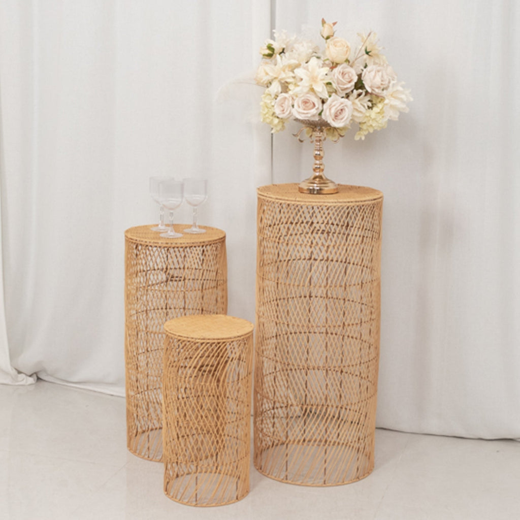 Set of 3 Natural Woven Rattan Wicker Pedestal with Wave Pattern - 19",27",33" - Bell Racket Store