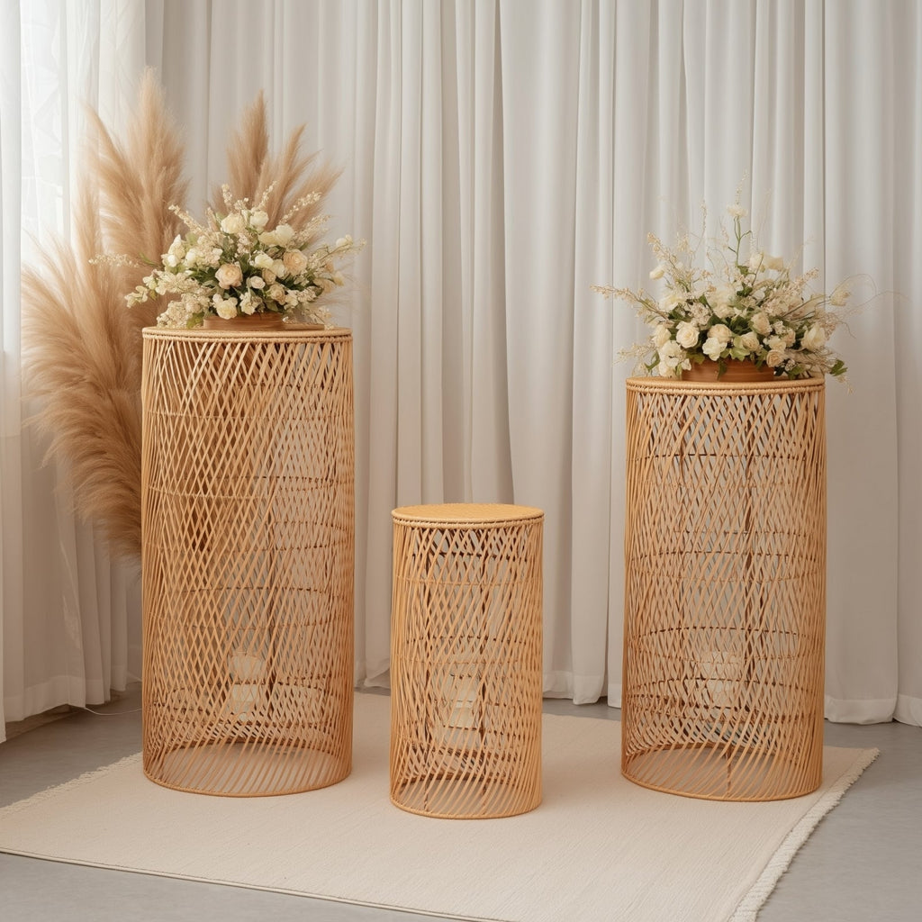 Set of 3 Natural Woven Rattan Wicker Pedestal with Wave Pattern - 19",27",33" - Bell Racket Store