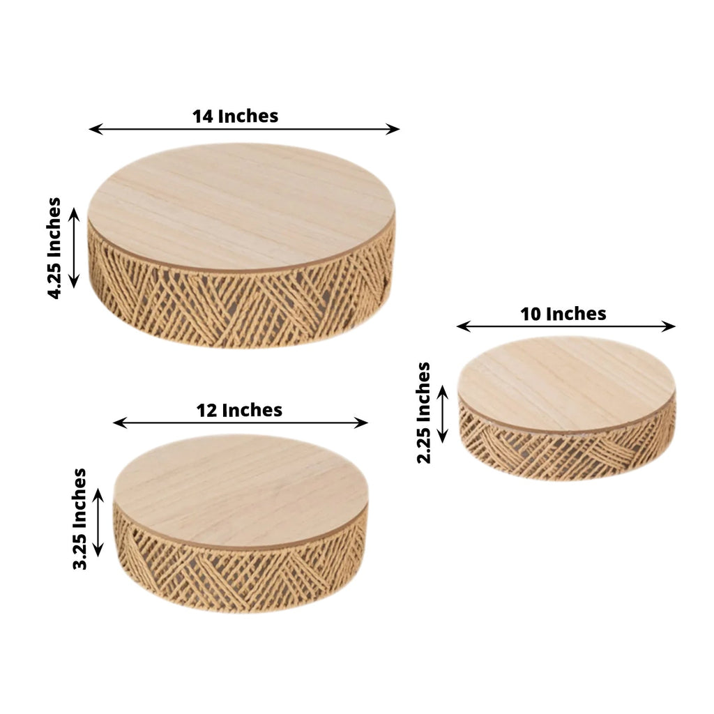 Set of 3 Pedestal Cake Stands Jute Rattan with Wooden Top Plates Natural - Stackable Round Rustic Farmhouse Design 10", 12", 14" - Bell Racket Store