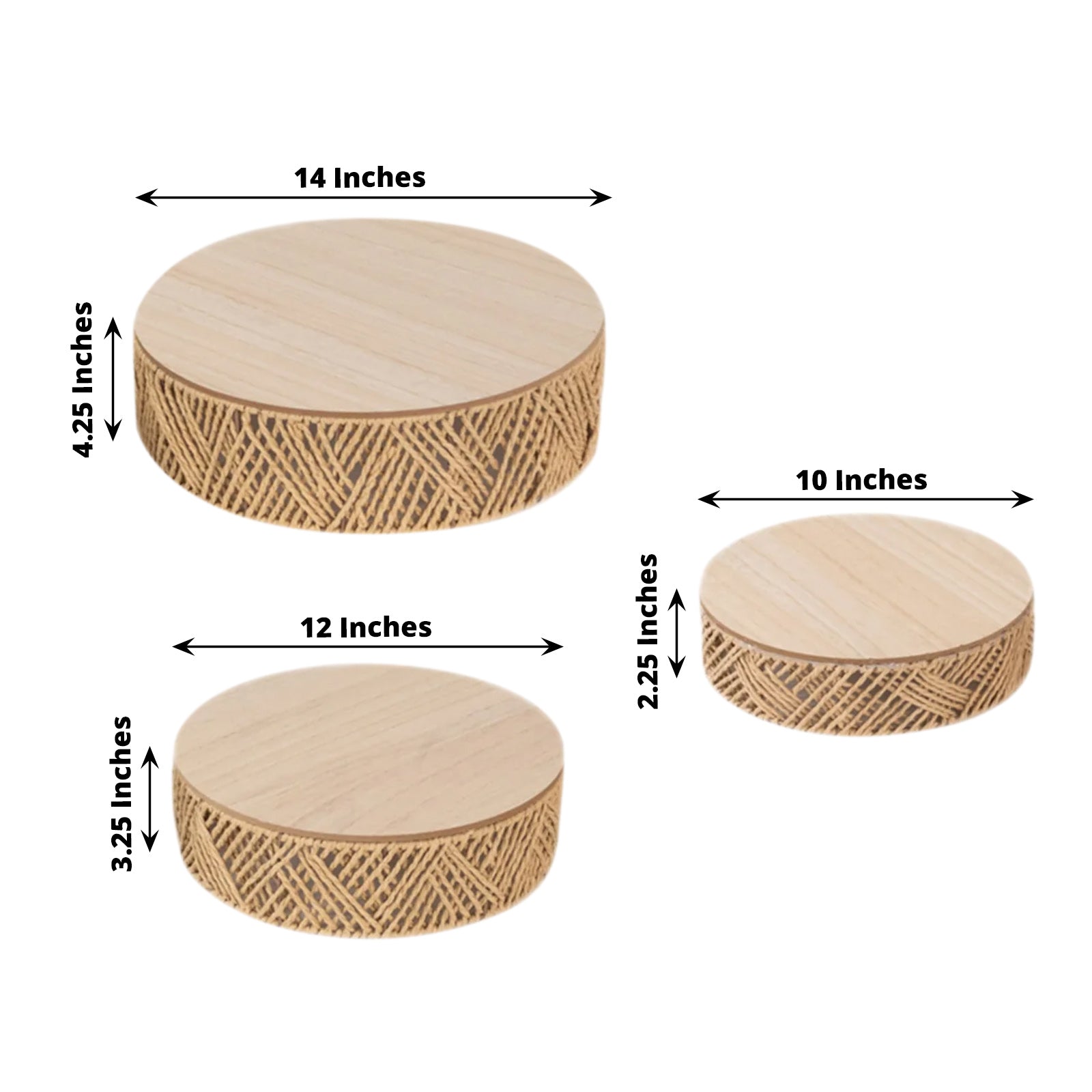 Set of 3 Pedestal Cake Stands Jute Rattan with Wooden Top Plates Natural - Stackable Round Rustic Farmhouse Design 10", 12", 14" - Bell Racket Store