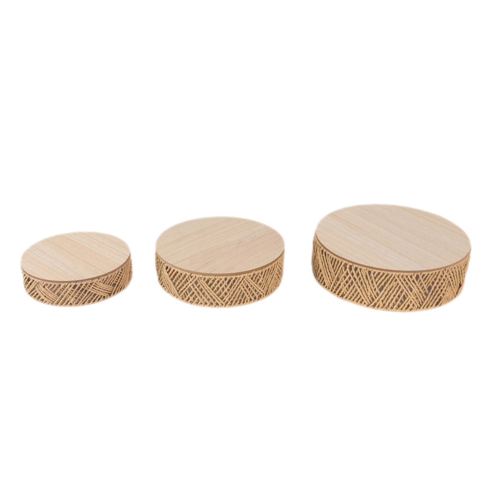 Set of 3 Pedestal Cake Stands Jute Rattan with Wooden Top Plates Natural - Stackable Round Rustic Farmhouse Design 10", 12", 14" - Bell Racket Store