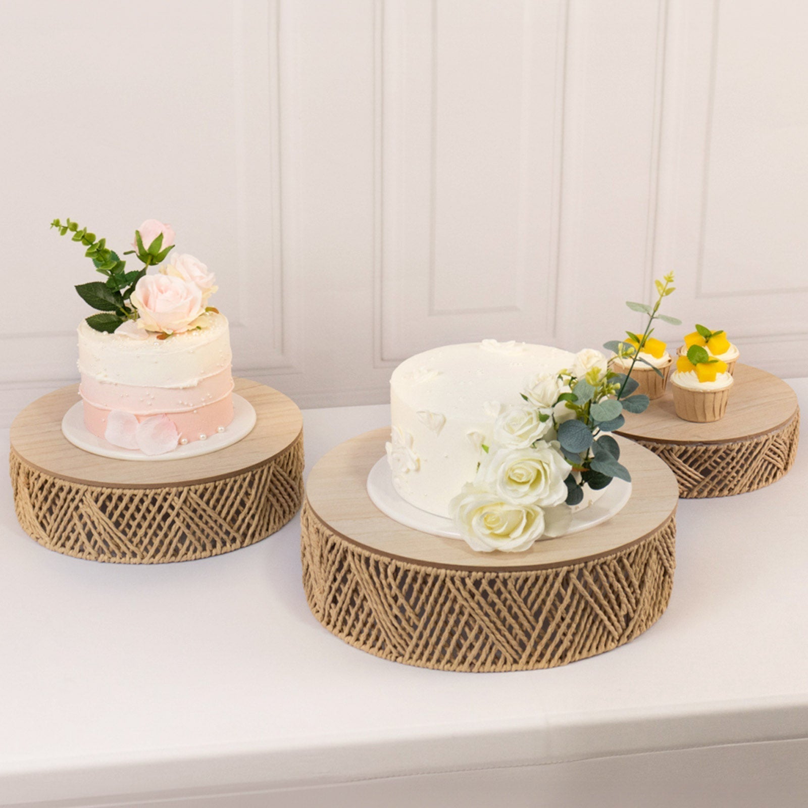 Set of 3 Pedestal Cake Stands Jute Rattan with Wooden Top Plates Natural - Stackable Round Rustic Farmhouse Design 10", 12", 14" - Bell Racket Store