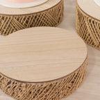 Set of 3 Pedestal Cake Stands Jute Rattan with Wooden Top Plates Natural - Stackable Round Rustic Farmhouse Design 10", 12", 14" - Bell Racket Store