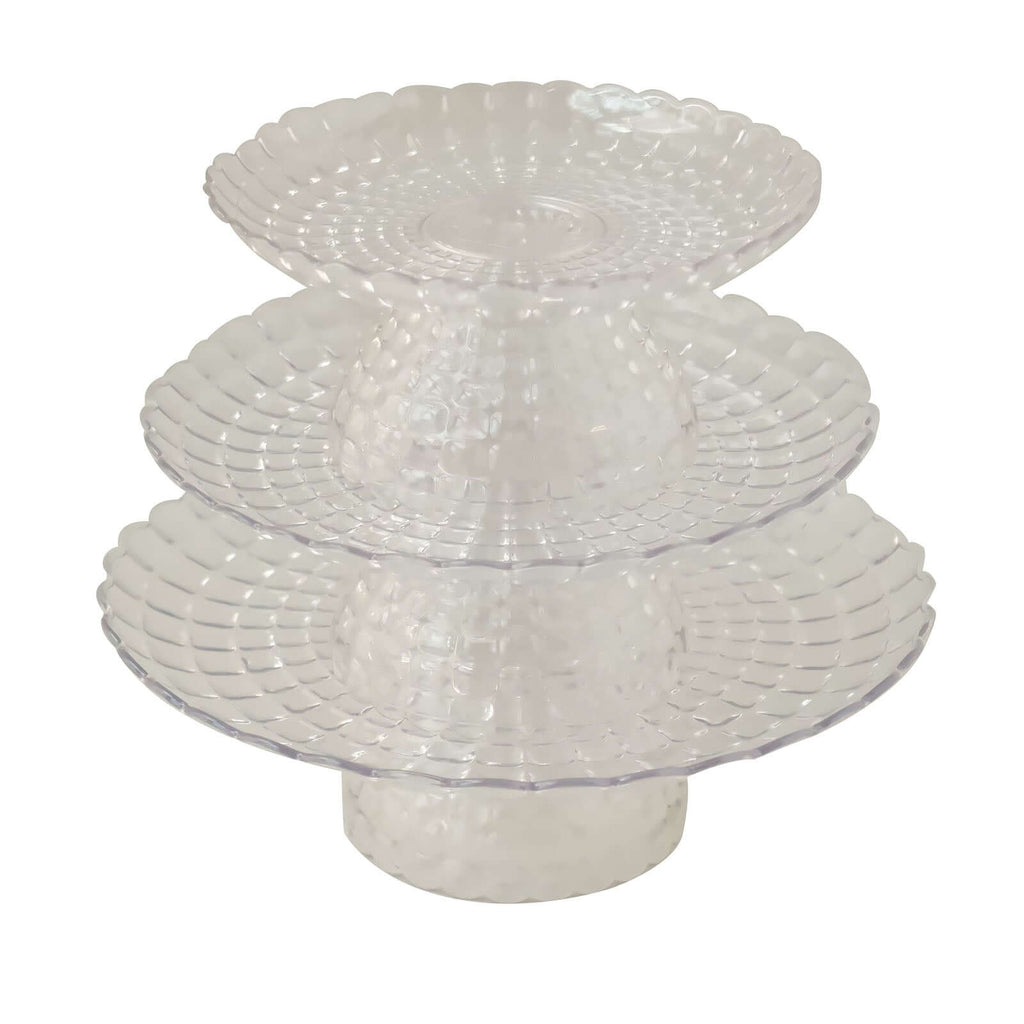 Set of 3 Plastic Cupcake Stands Clear Pressed Glass Pattern - Modern Stackable & Reusable Cake Dessert Pedestal Display Holders with Scalloped Edges 8", 10", 12" - Bell Racket Store