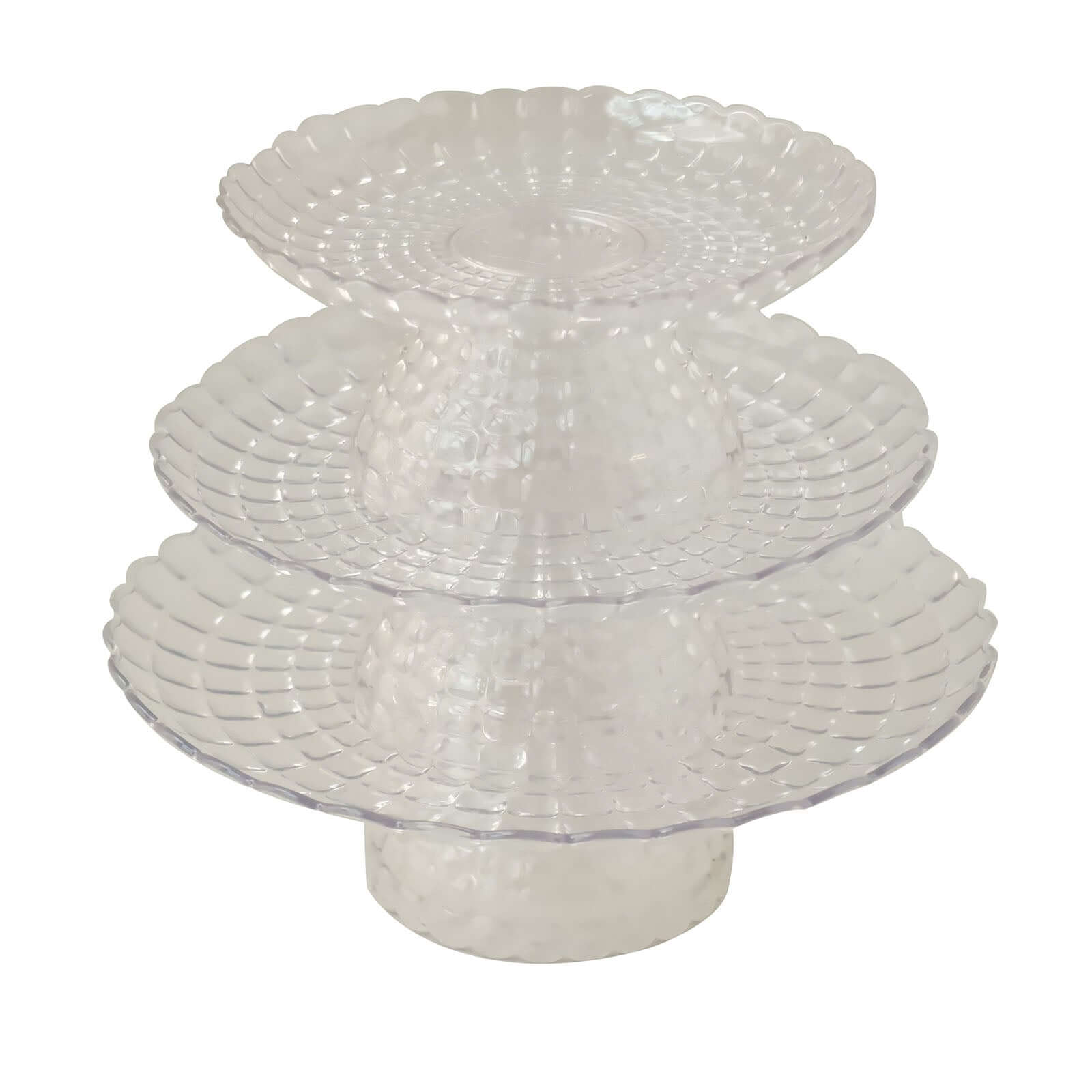 Set of 3 Plastic Cupcake Stands Clear Pressed Glass Pattern - Modern Stackable & Reusable Cake Dessert Pedestal Display Holders with Scalloped Edges 8", 10", 12" - Bell Racket Store