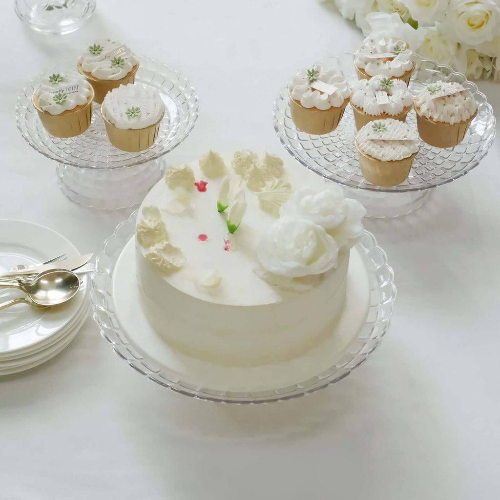 Set of 3 Plastic Cupcake Stands Clear Pressed Glass Pattern - Modern Stackable & Reusable Cake Dessert Pedestal Display Holders with Scalloped Edges 8", 10", 12" - Bell Racket Store