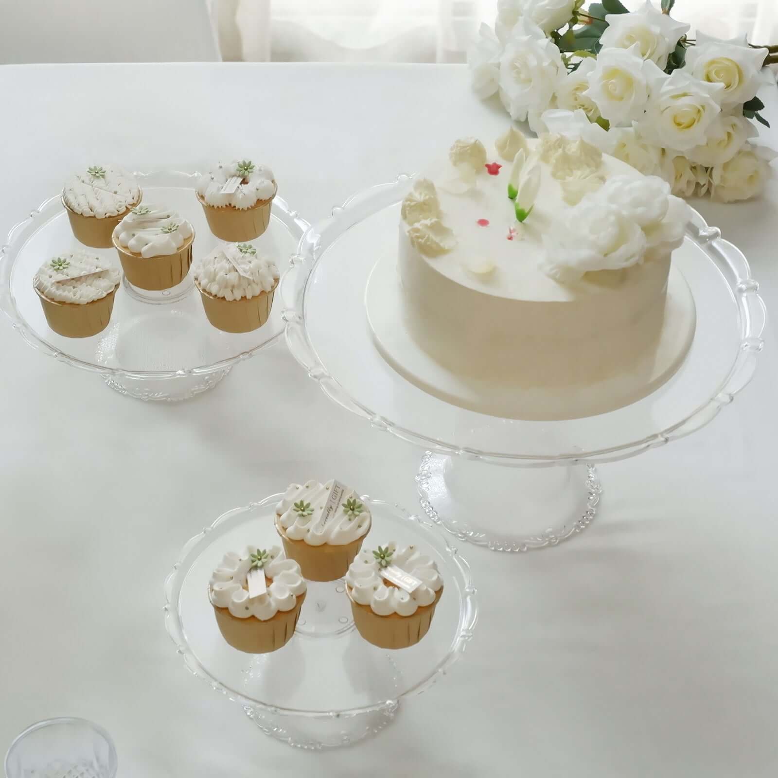 Set of 3 Plastic Round Pedestal Cake Stands Clear for Tea Parties Dessert Buffets & Banquets 9", 11", 15" - Bell Racket Store