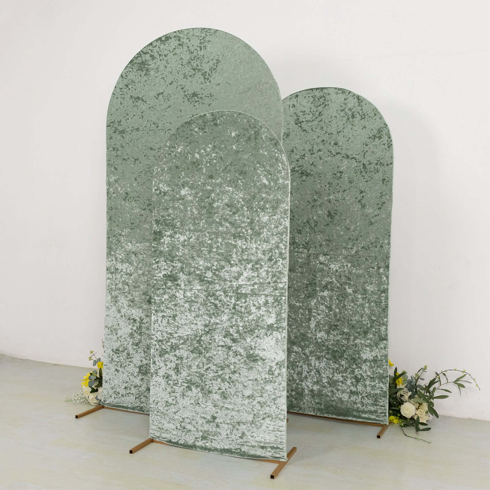 Set of 3 Sage Green Crushed Velvet Chiara Backdrop Stand Covers For Round Top Wedding Arches - 5ft, 6ft, 7ft - Bell Racket Store