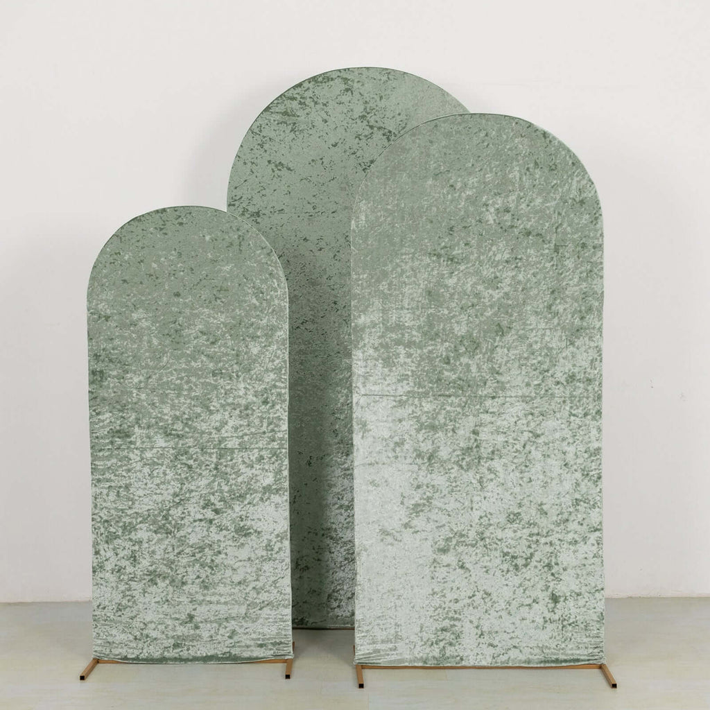 Set of 3 Sage Green Crushed Velvet Chiara Backdrop Stand Covers For Round Top Wedding Arches - 5ft, 6ft, 7ft - Bell Racket Store