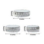 Set of 3 Silver Metal Crystal Pendant Cake Stands with Mirror Top, Stackable Round Dessert Display Trays - 9",11",12" - Bell Racket Store