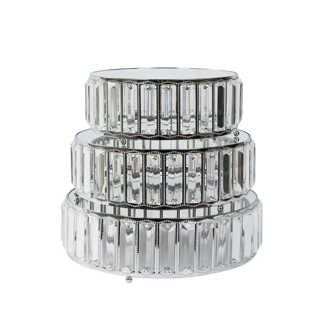 Set of 3 Silver Metal Crystal Pendant Cake Stands with Mirror Top, Stackable Round Dessert Display Trays - 9",11",12" - Bell Racket Store
