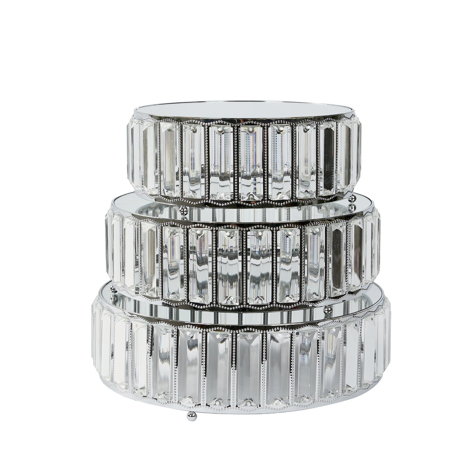 Set of 3 Silver Metal Crystal Pendant Cake Stands with Mirror Top, Stackable Round Dessert Display Trays - 9",11",12" - Bell Racket Store