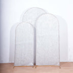 Set of 3 Silver Metallic Fringe Chiara Wedding Arch Covers, Fitted Covers For Round Top Backdrop Stands - 5ft, 6ft, 7ft - Bell Racket Store