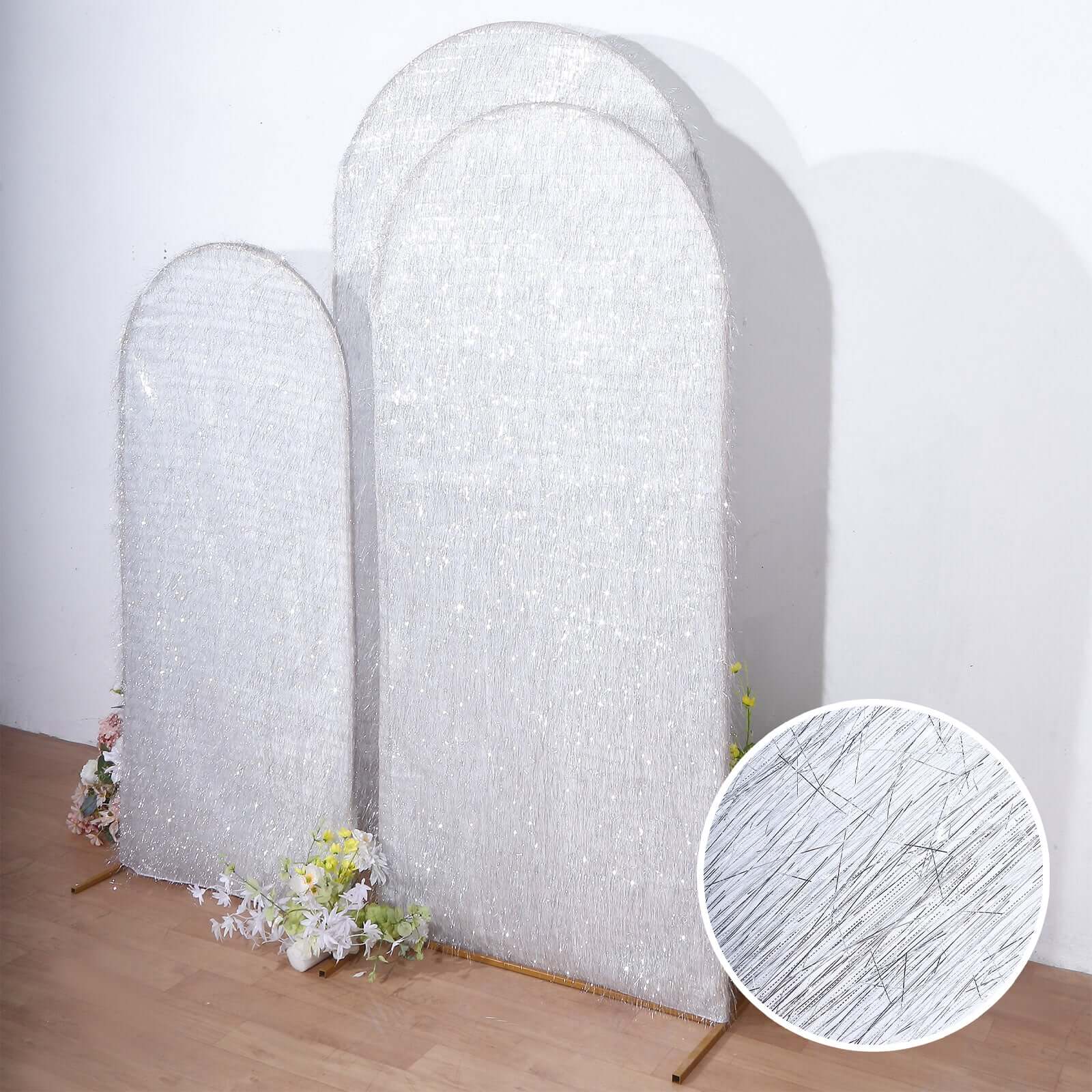 Set of 3 Silver Metallic Fringe Chiara Wedding Arch Covers, Fitted Covers For Round Top Backdrop Stands - 5ft, 6ft, 7ft - Bell Racket Store
