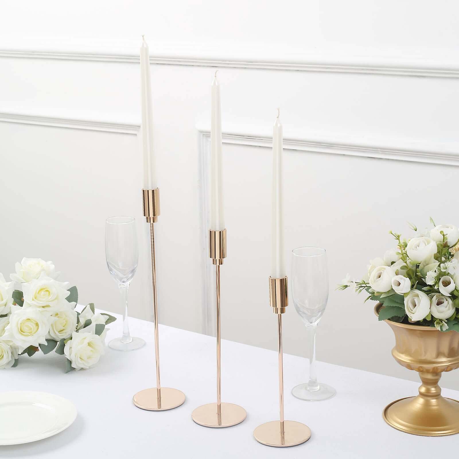 Set of 3 Taper Candle Stands Gold Metal Decorative Round Base Design - Wedding Table Accents 9", 10", 13" - Bell Racket Store