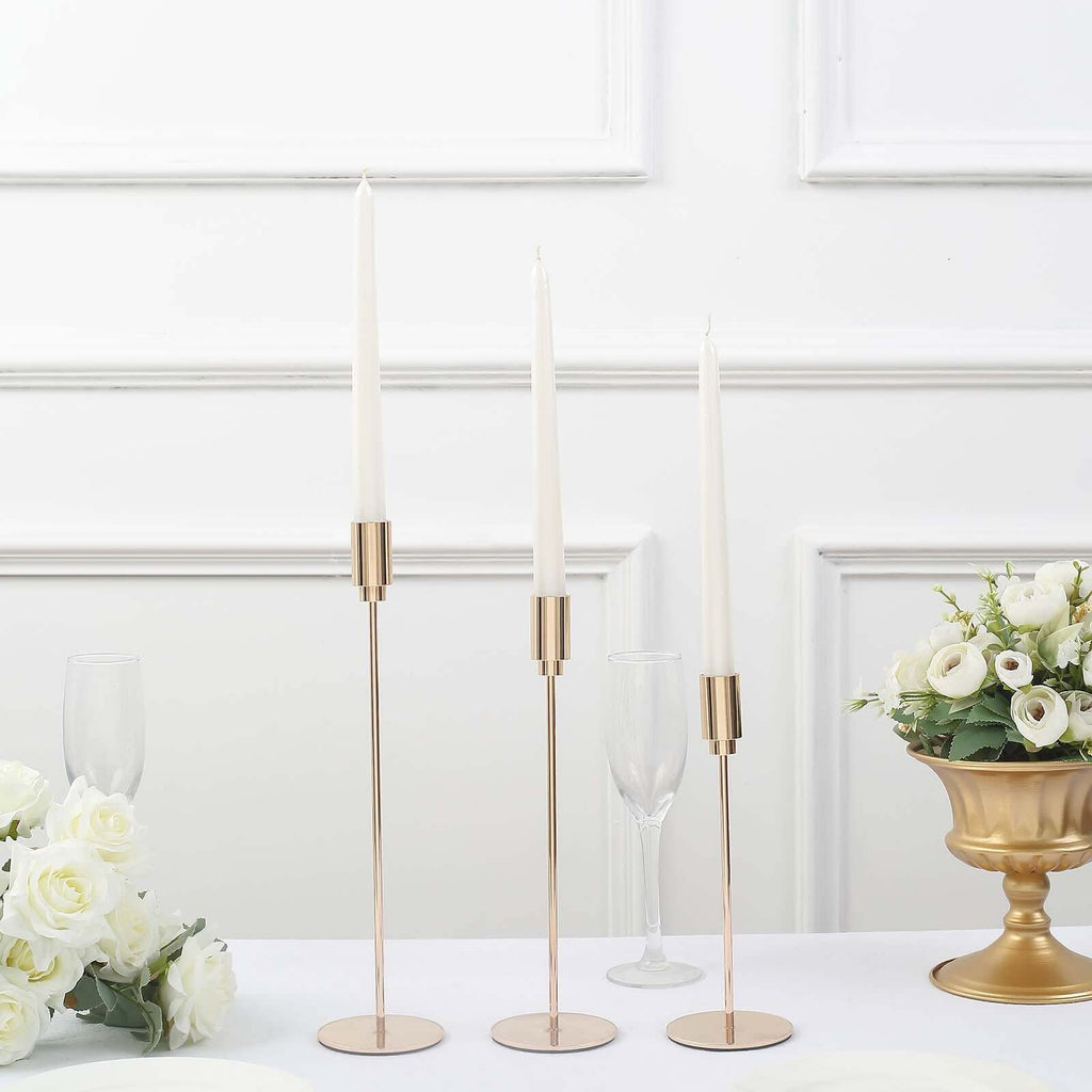 Set of 3 Taper Candle Stands Gold Metal Decorative Round Base Design - Wedding Table Accents 9", 10", 13" - Bell Racket Store