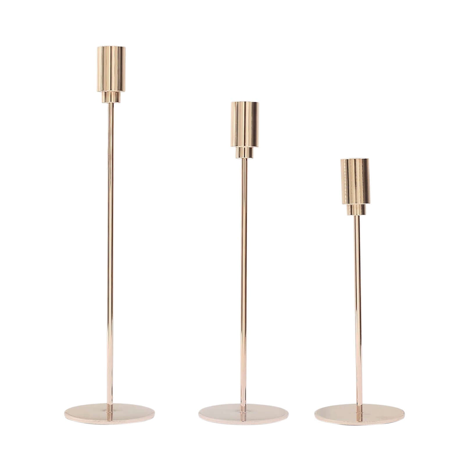 Set of 3 Taper Candle Stands Gold Metal Decorative Round Base Design - Wedding Table Accents 9", 10", 13" - Bell Racket Store
