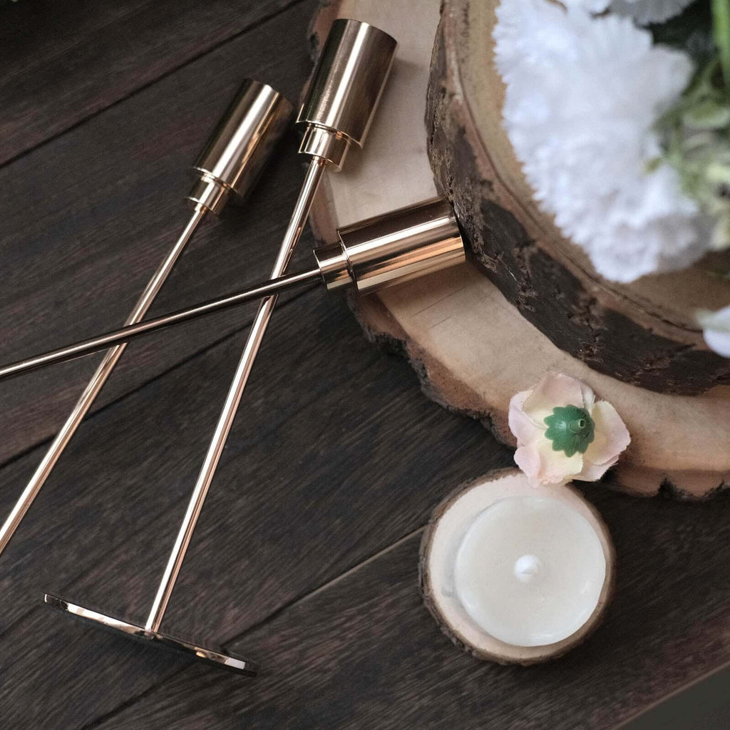 Set of 3 Taper Candle Stands Gold Metal Decorative Round Base Design - Wedding Table Accents 9", 10", 13" - Bell Racket Store