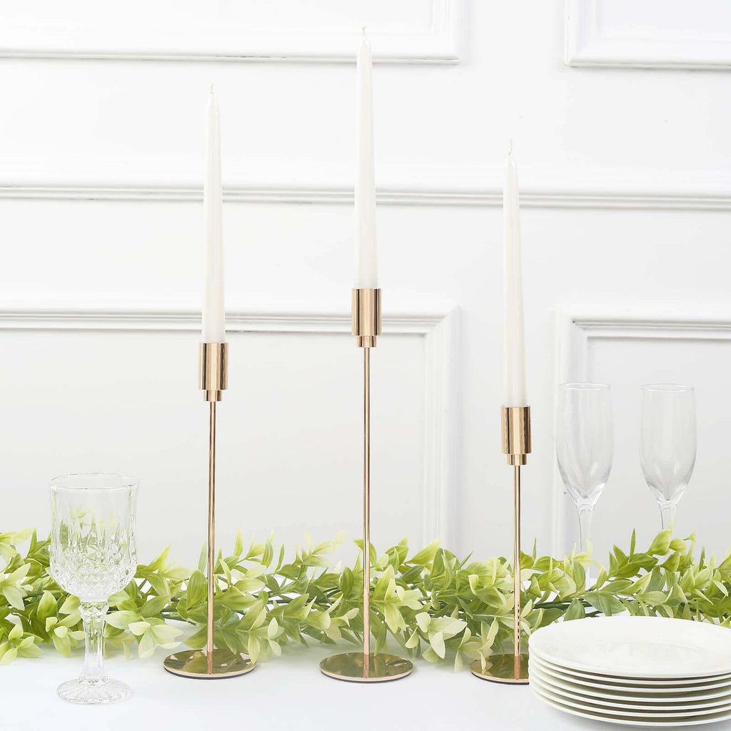 Set of 3 Taper Candle Stands Gold Metal Decorative Round Base Design - Wedding Table Accents 9", 10", 13" - Bell Racket Store