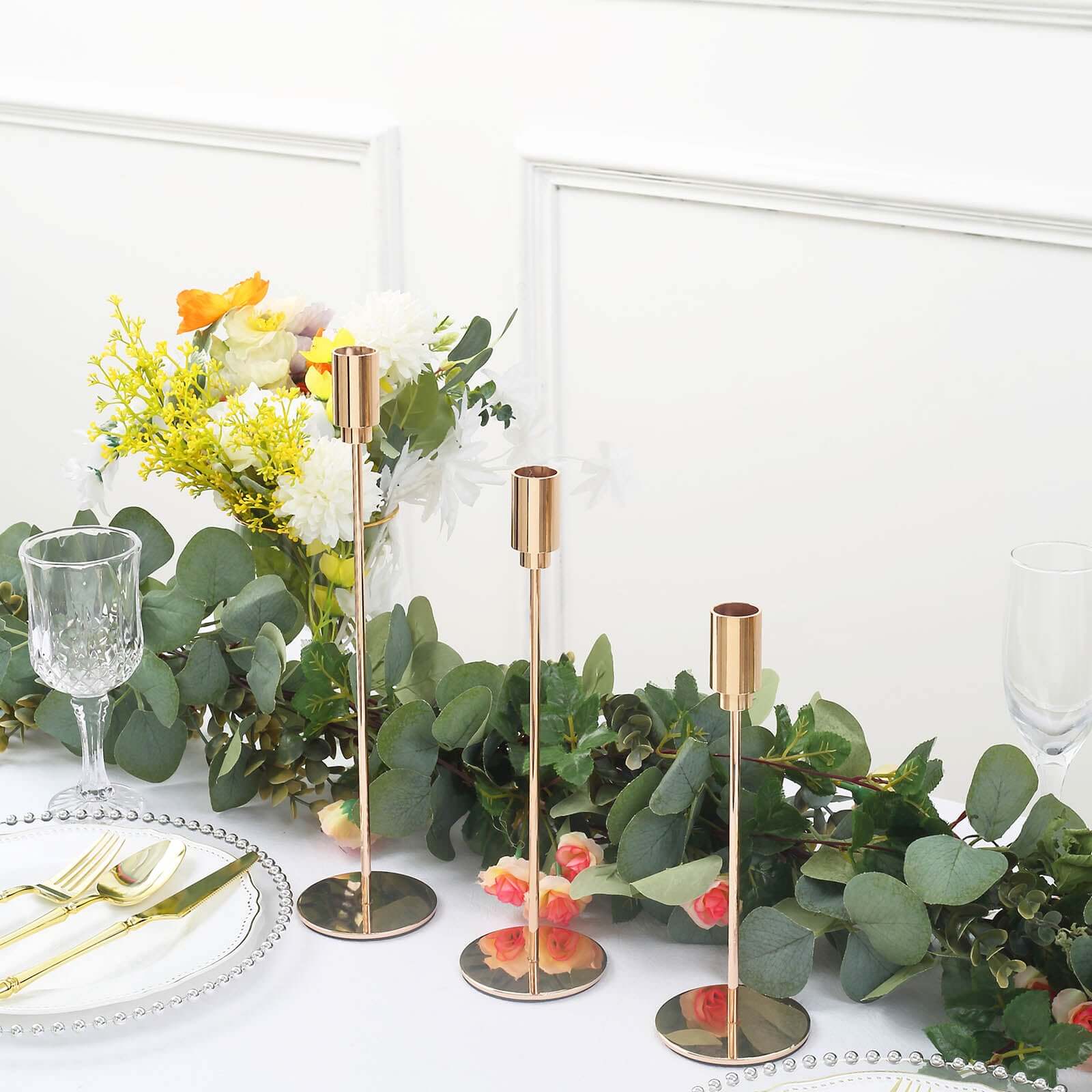 Set of 3 Taper Candle Stands Gold Metal Decorative Round Base Design - Wedding Table Accents 9", 10", 13" - Bell Racket Store