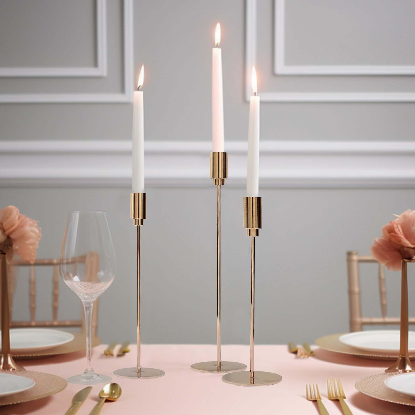 Set of 3 Taper Candle Stands Gold Metal Decorative Round Base Design - Wedding Table Accents 9", 10", 13" - Bell Racket Store