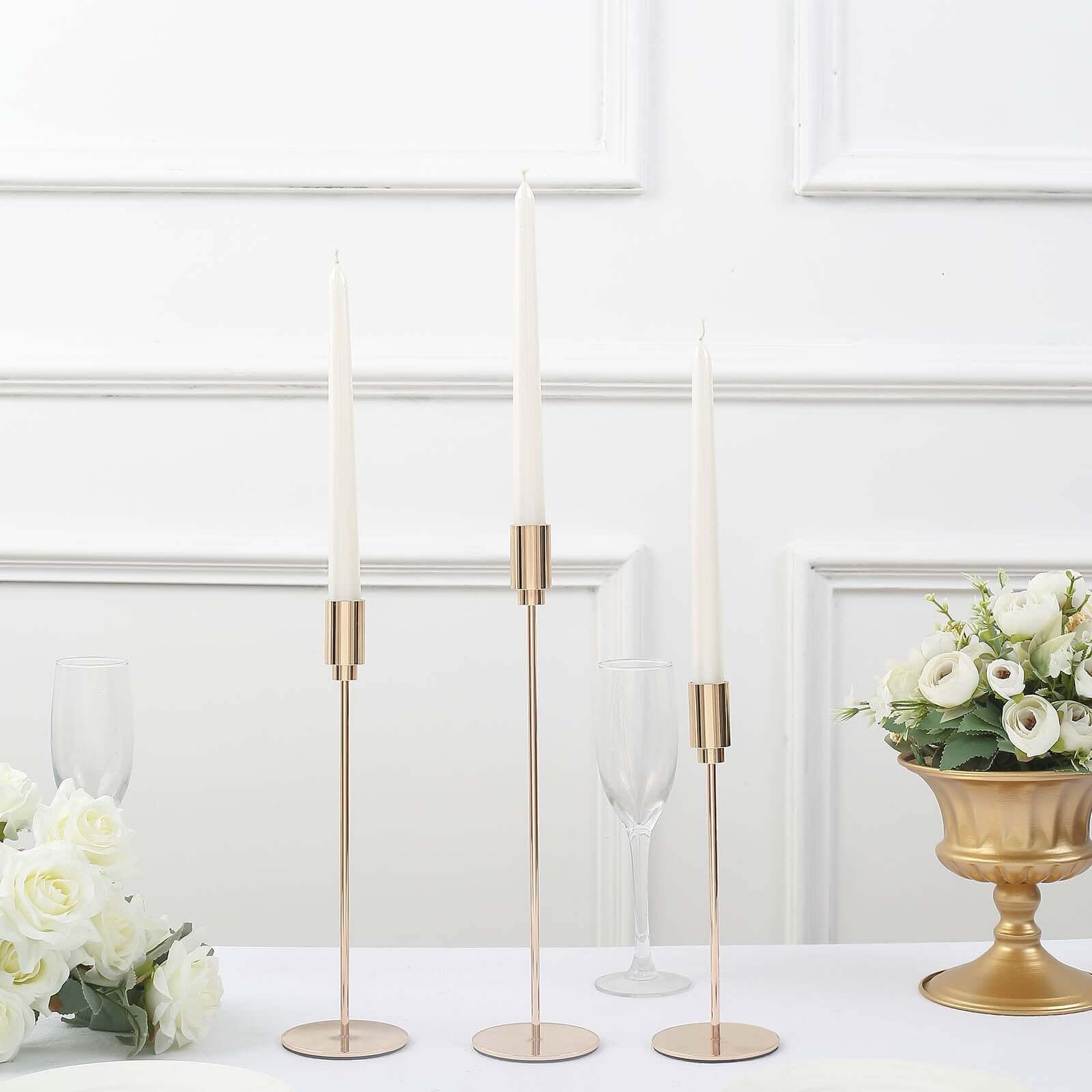 Set of 3 Taper Candle Stands Gold Metal Decorative Round Base Design - Wedding Table Accents 9", 10", 13" - Bell Racket Store